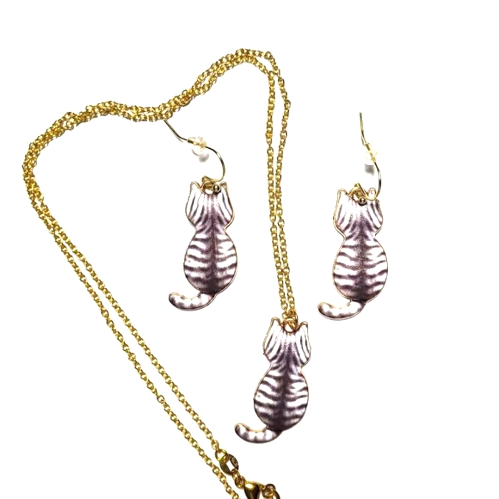 Tabby Grey and White Enamel Painted Kitty Cat Back Earrings & Necklace Set NWT